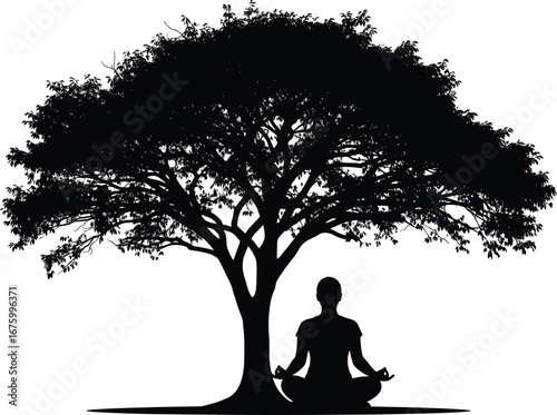 Silhouette of person meditating under large tree, peaceful yoga pose, nature relaxation, mindfulness, calm environment, tranquil outdoor scene vector illustration