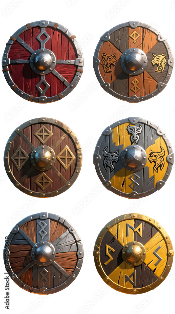 Fototapeta premium A collection of six circular Viking shields with various designs, colors, and metal accents, arranged in a grid on a white background.