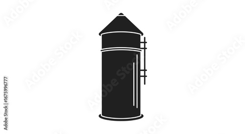 Monochromatic water tower illustration with conical roof and ladder.