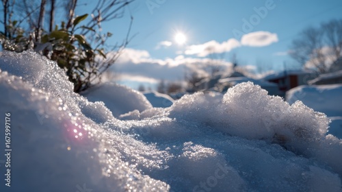 Sunlit winter snow scene with sparkling ice and blue sky.