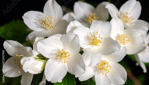 Fresh White Blossoms with Dew Drops on a Dark Background