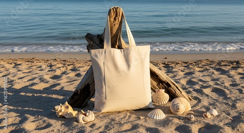 Natural cotton tote bag resting on driftwood on a sunny beach, surrounded by seashells, ideal for design mockup