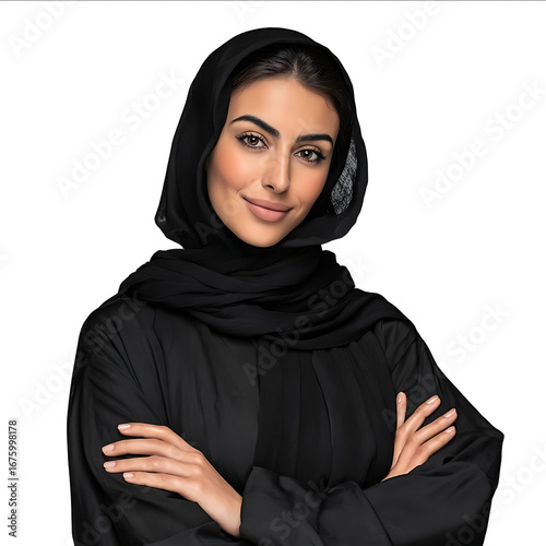 A realistic photograph of an Emirati woman wearing a black abaya isolated on a white background She is smiling and looking at the camera with her arms crosse
