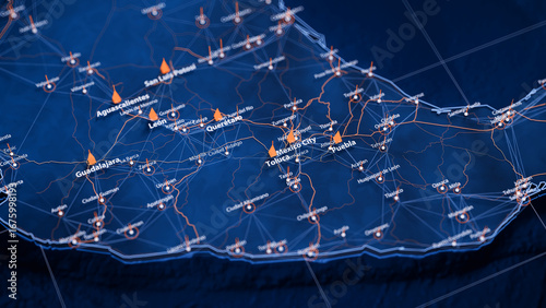 Toluca map big data visualization. Futuristic map infographic of city in Mexico. Visual map data complexity in modern blue and orange colors