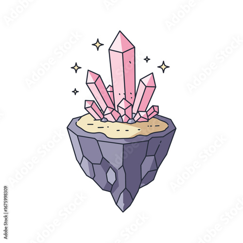 Pink Crystals on a Floating Island  Fantasy Gemstone Illustration