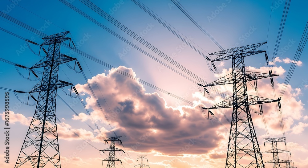 custom made wallpaper toronto digitalTowering electricity pylons carrying power lines against a dramatic sky with clouds and sunlight