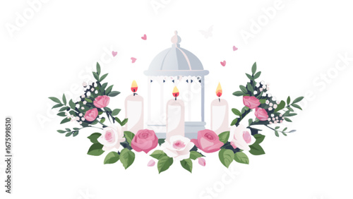 Elegant floral arrangement with glowing candles and a delicate lantern, perfect for adding a touch of romance and warmth to invitations, announcements, and celebratory designs