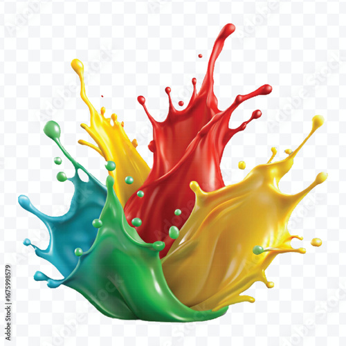 realistic 3d multi or rainbow color liquid paint splash isolated on transparent background