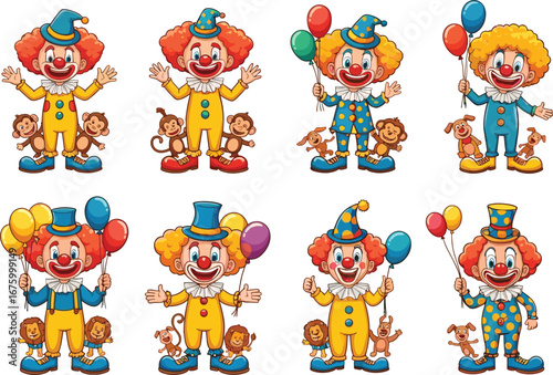 Funny clown cartoon with balloons, circus clowns and animals, colorful illustration, happy entertainer characters, playful comedy artwork, festive celebration scene