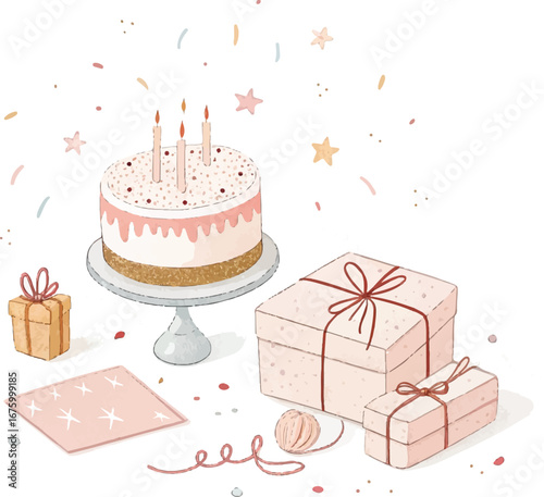 Birthday Cake with Presents and Celebration Decorations
