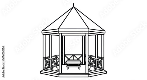 Line Art Drawing of an Octagonal Garden Gazebo with Pointed Roof.