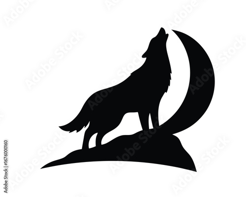 Majestic wolf silhouette howling at crescent moon under the night sky