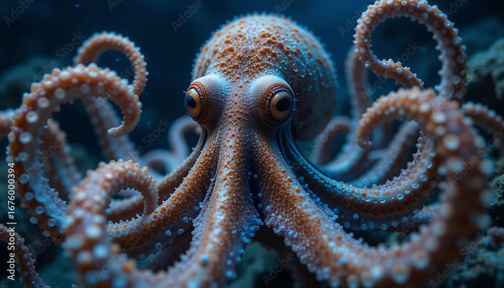 Obraz premium A captivating closeup of an octopus, showcasing its intricate patterns and textures, as it navigates the depths of the ocean with remarkable intelligence