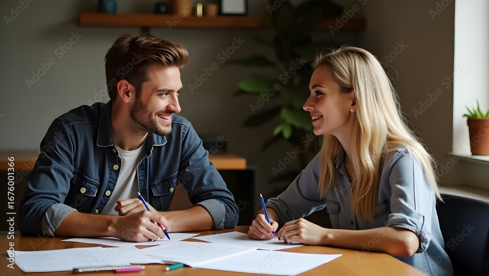 Fototapeta premium A young man with short brown hair and a gentle smile, and a young woman with long blonde hair and a focused expression, are sitting across from each other at a wooden table, engaged in a discussion, w