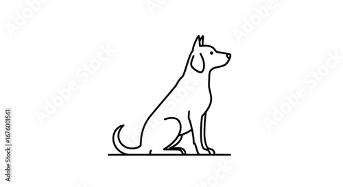 Simple black outline drawing of a sitting dog in profile view, minimalist pet icon.