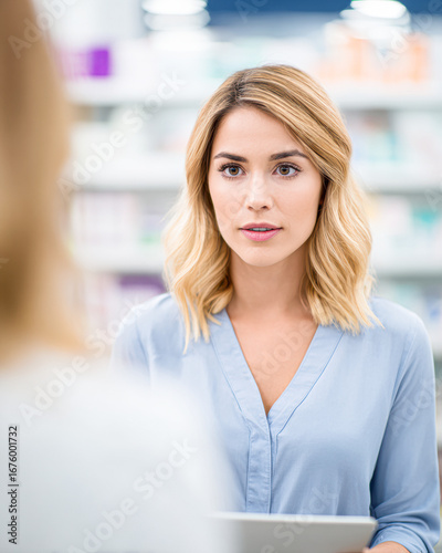 A woman with wavy hair attentively listens while holding a tablet, set against a backdrop of a pharmacy or healthcare environment. Free Download A woman with wavy hair attentively listens while holding a tablet, set against a backdrop of a pharmacy or healthcare environment. - GFXLoad