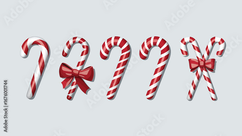 Vector art of collection of traditional red and white striped candy canes with red bows