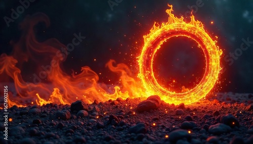 Intriguing abstract image depicting fiery circles consuming and leaving behind trails of ash and embers, creating a mesmerizing visual effect , heat, fiery circles, burning design