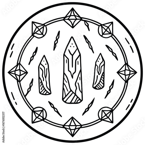 Ancient rune stones arranged in a perfect circle coloring page vector line art design 