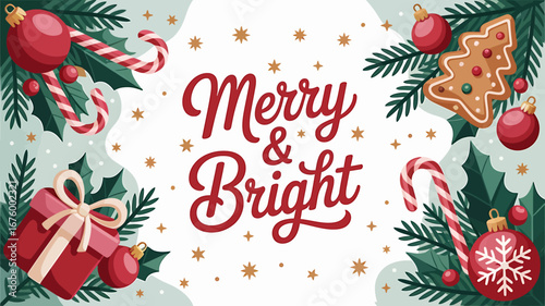 Vector art of festive christmas banner with merry bright text, featuring candy canes, gingerbread cookies, red ornaments, and pine branches on a with golden stars