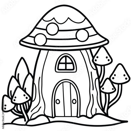 Charming gnome home nestled inside a hollowed tree coloring page vector line art design 
