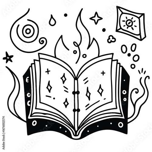Ancient spellbook opened to glowing pages coloring page vector line art design 
