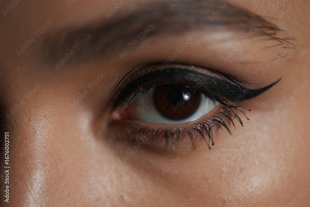 Obraz premium Close-up of a woman's dark brown eye with dramatic winged eyeliner, showcasing rich skin tones and intense gaze.