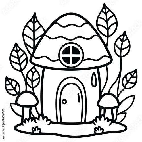 Charming gnome home nestled inside a hollowed tree coloring page vector line art design 