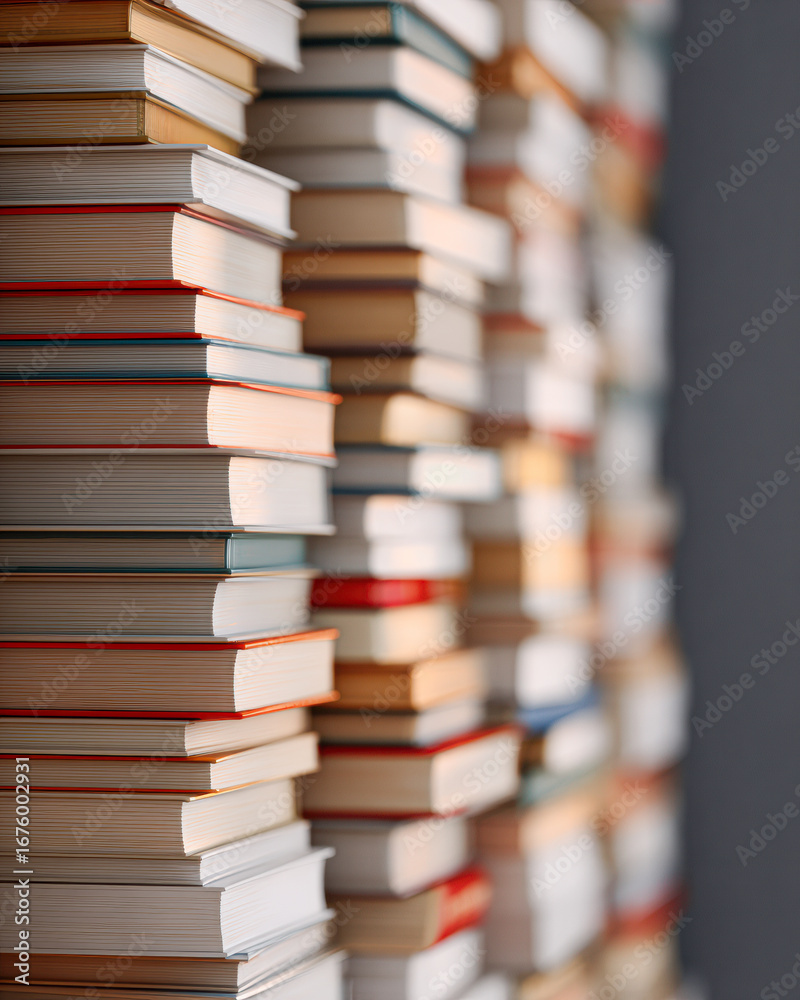 Fototapeta premium A close-up view of neatly stacked books, showcasing their spines and edges, emphasizing the organized chaos of literature.