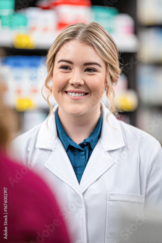 A smiling pharmacist in a white coat engages with a customer in a pharmacy filled with colorful products.