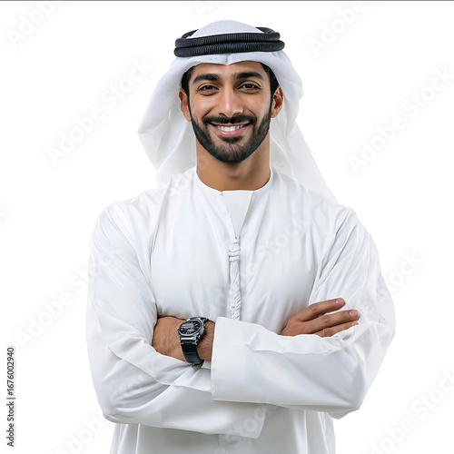 A photo of a smiling Emirati man wearing a white thobe with a black tie and watch looking at the camera isolated on a clear white background