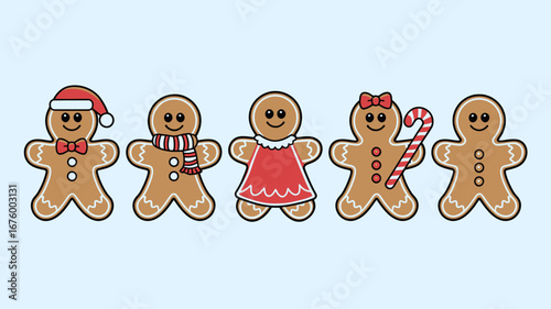 Vector art of a row of five cute gingerbread cookies decorated for christmas with a santa hat, scarf, dress, bow, and candy cane on a light blue background