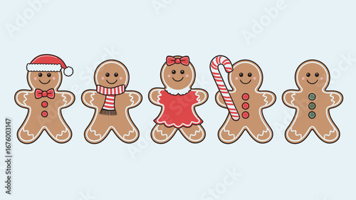 Vector art of group of five gingerbread man cookies decorated for christmas, some holding candy canes
