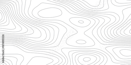 Black and white abstract topography background with seamless contour lines, stylized elevation mapping, mountain relief illustration, and textured geographic map paper effect.