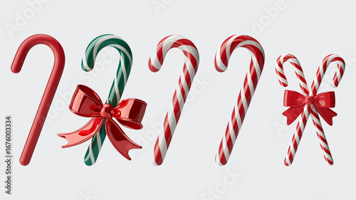 Vector art of assortment of christmas candy canes on a, including plain, striped, and decorated with red bows