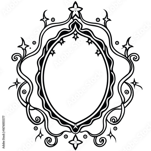 Elegant enchanted mirror framed by an ornate Vines Coloring page vector line art design 
