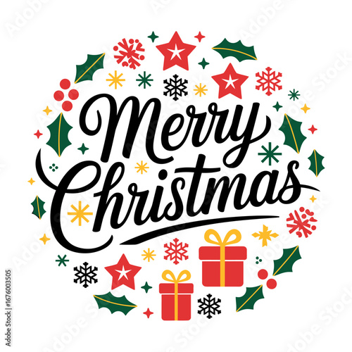 Vector art of circular merry christmas illustration with stars, snowflakes, holly, and gift boxes