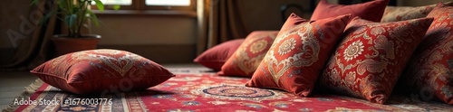 Intricate paisley pattern adorns plush velvet cushions scattered on a rich, Persian rug inside a warmly lit room  The scene evokes comfort and opulence , living room, swirl