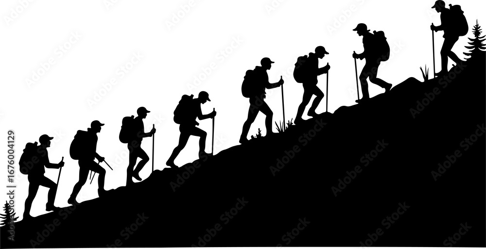 Fototapeta premium Hiking silhouette adventure, a group of people climbing mountain outline