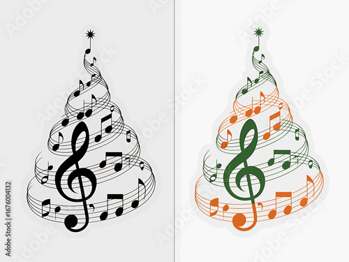 Vector art of stylized christmas tree formed from musical notes and treble clefs in black and white and color versions