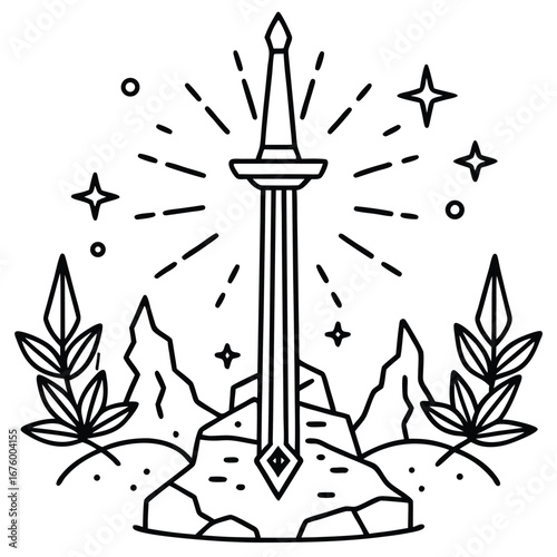 Legendary sword embedded in an ancient stone coloring page vector line art design 