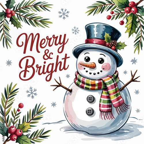 Vector art of merry and bright snowman with festive holly and berries, a cheerful winter holiday greeting illustration
