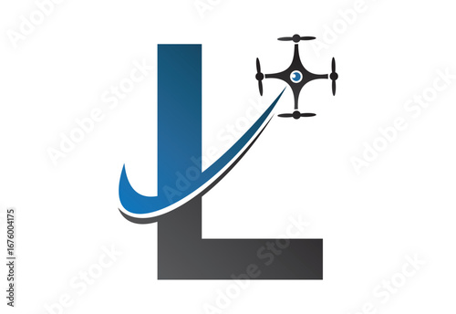 Latter L drone logo design template with blue and gray color