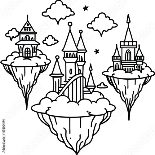 Magical floating islands suspended in the sky coloring page vector line art design 