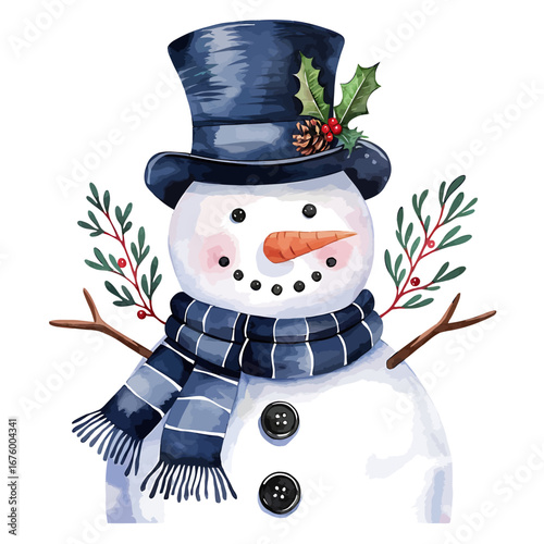 Vector art of a charming watercolor snowman wearing a black top hat and a blue striped scarf, with holly and pine branches