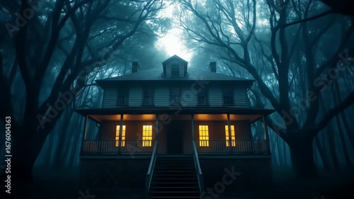 Low-angle shot of a haunted house exterior at dusk, shrouded in fog, with dimly lit windows and a dark, mysterious atmosphere.