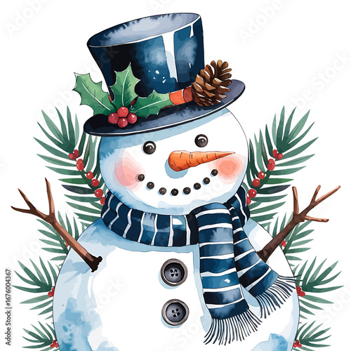 Vector art of a delightful watercolor snowman with a black top hat and blue scarf, adorned with holly and a pinecone