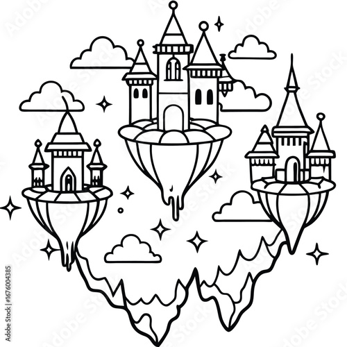 Magical floating islands suspended in the sky coloring page vector line art design 