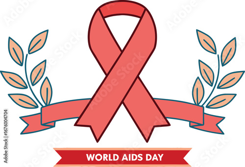 Red ribbon with laurel branches and text aids awareness