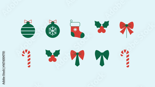 Vector art of collection of festive christmas icons including baubles, stocking, holly, bows, and candy canes on a light blue background